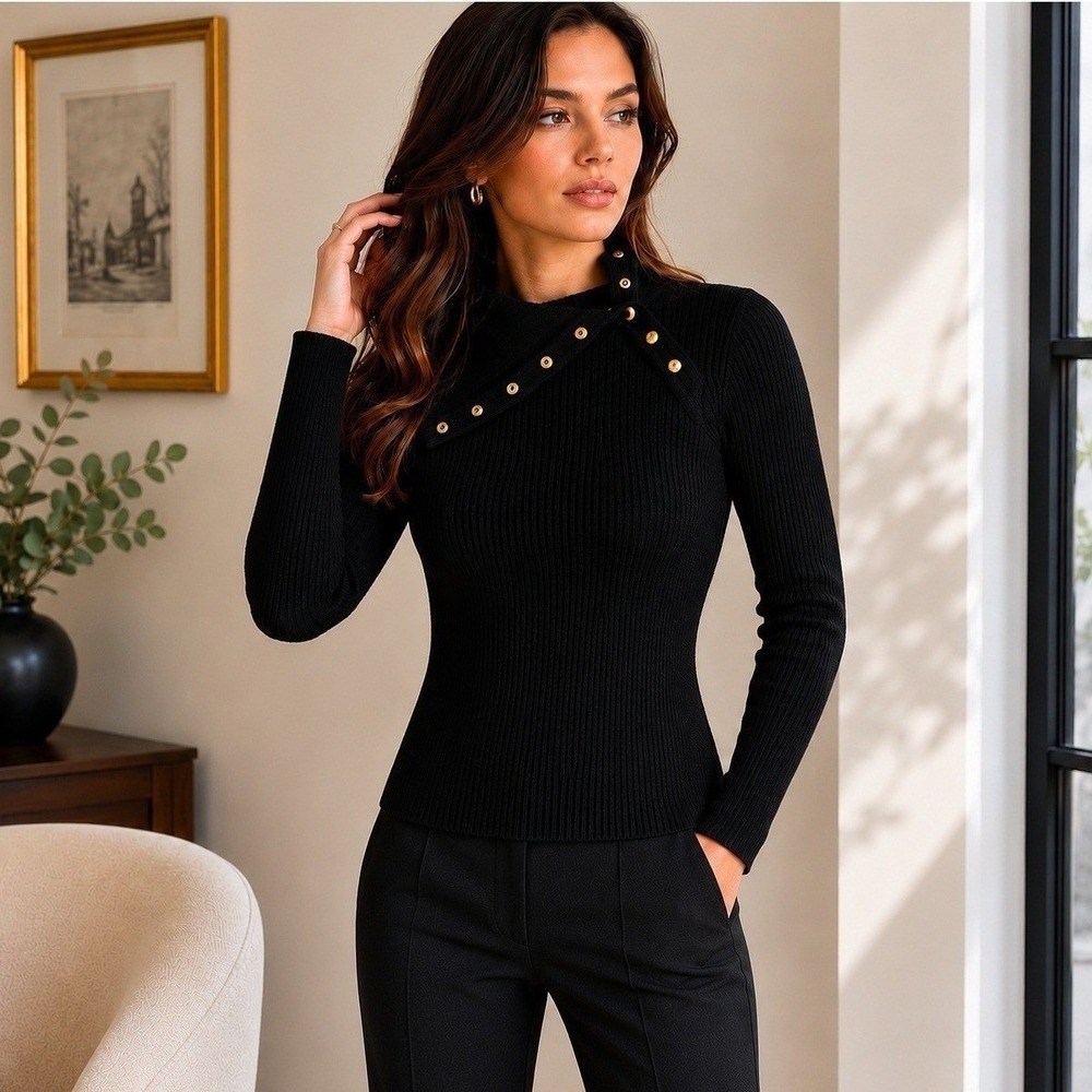 Black Rib Knit Turtleneck Sweater L Gold Button Cowl Neck Design History NWT